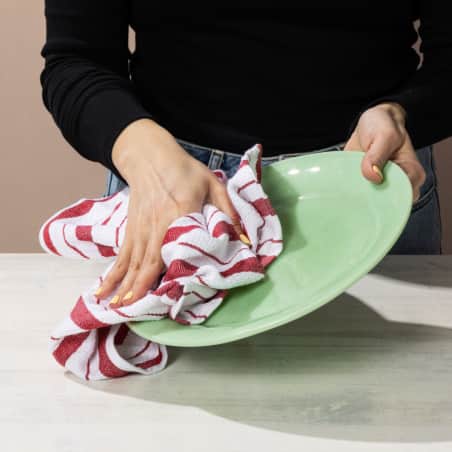 hand drying plate using Williams Sonoma Classic Stripe Towel.